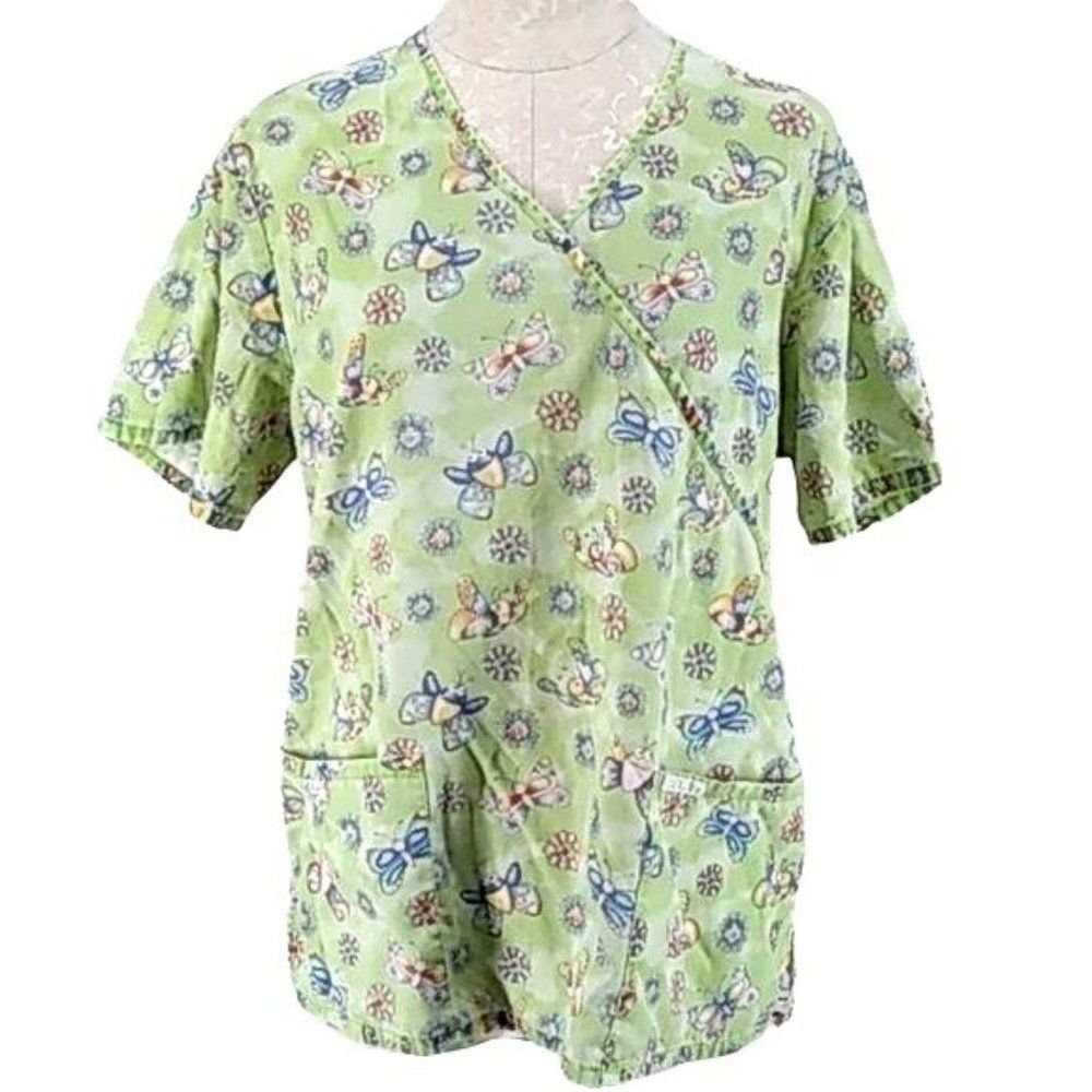 Cherokee Women's V-Neck Butterfly‎ & Dragonfly Scrub Top Medium